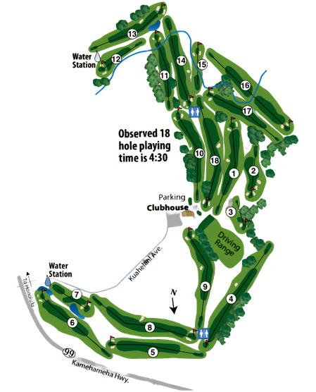 Illustrated map of Mililani Golf Club showing all 18 holes, the clubhouse, parking, driving range and water stations